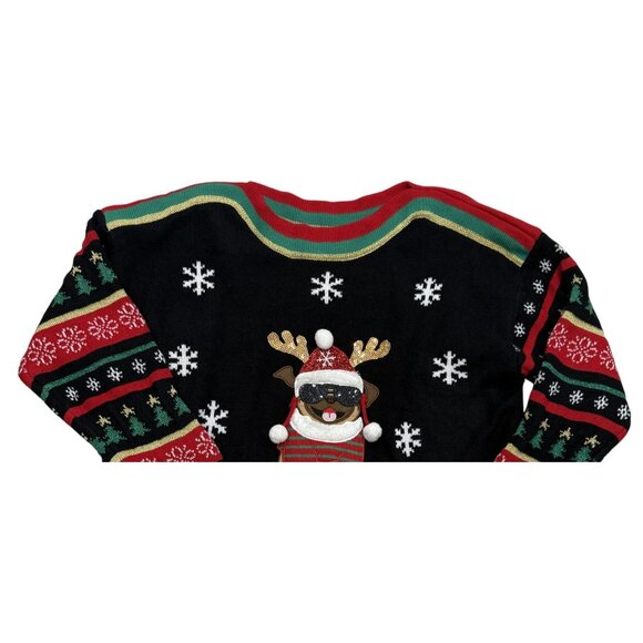 Blizzard Bay XL Christmas Sweater Pug Antlers Pom Poms Design Black Red Green - Picture 2 of 8